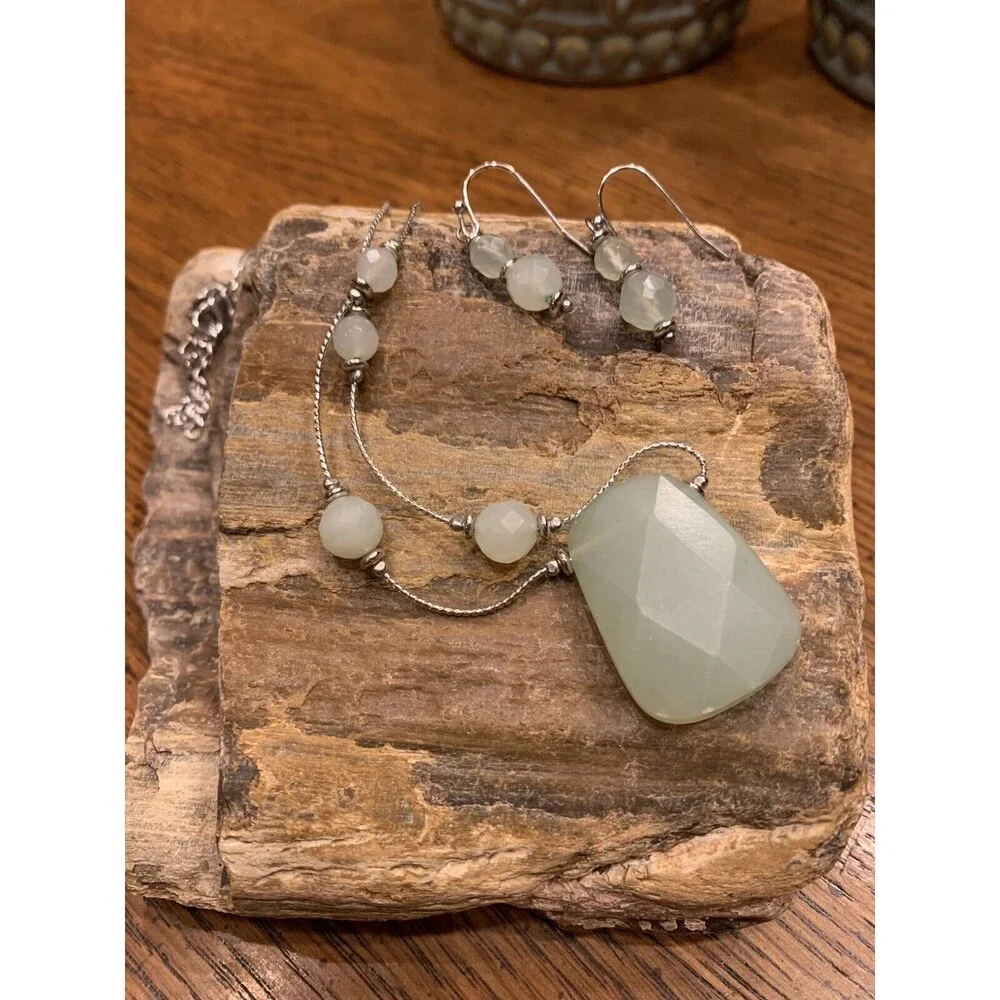 LIA SOPHIA Genuine Jade Necklace & Drop Earrings Rhodium Based Set w/Box *Note